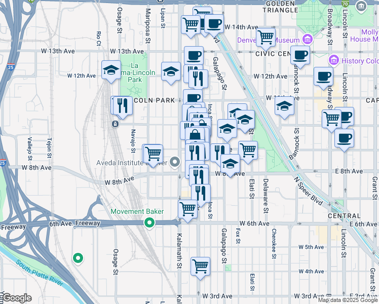 map of restaurants, bars, coffee shops, grocery stores, and more near 996 West 9th Avenue in Denver