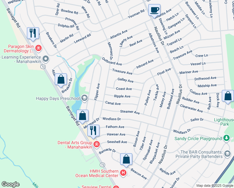 map of restaurants, bars, coffee shops, grocery stores, and more near 1210 Ripple Avenue in Stafford Township