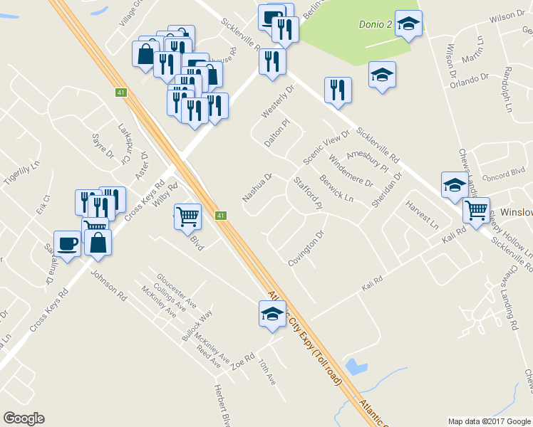 map of restaurants, bars, coffee shops, grocery stores, and more near 42 Nashua Drive in Sicklerville