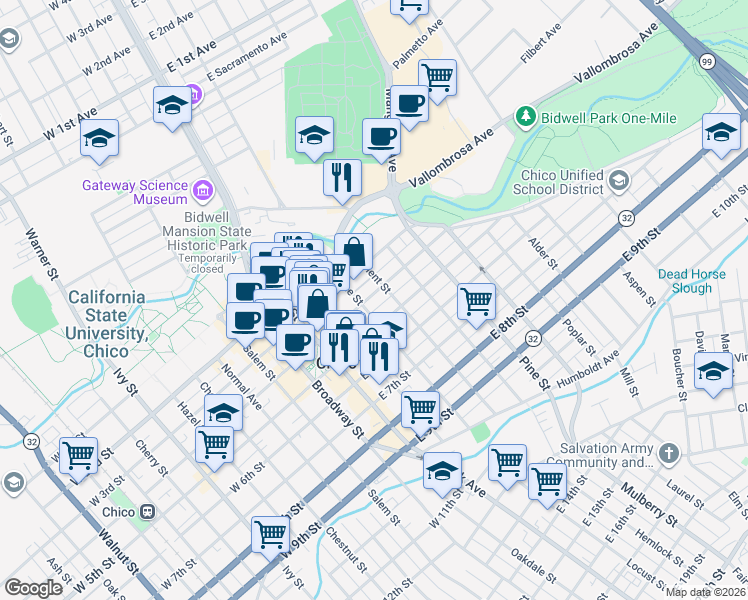 map of restaurants, bars, coffee shops, grocery stores, and more near 393 East 4th Street in Chico
