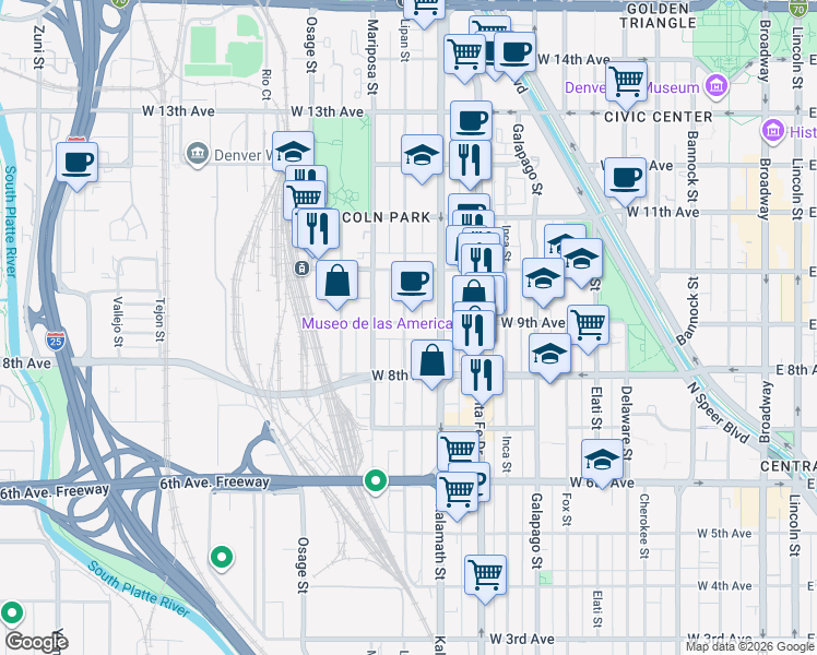 map of restaurants, bars, coffee shops, grocery stores, and more near 888 Lipan Street in Denver
