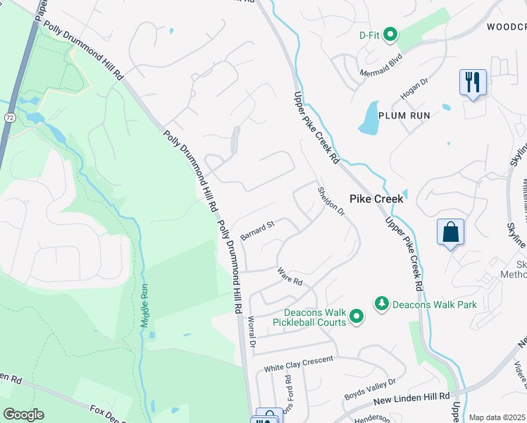 map of restaurants, bars, coffee shops, grocery stores, and more near 17 Old Stable Lane in Newark
