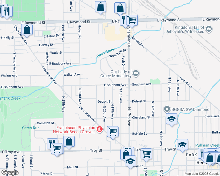 map of restaurants, bars, coffee shops, grocery stores, and more near 1909 Southern Ave in Beech Grove