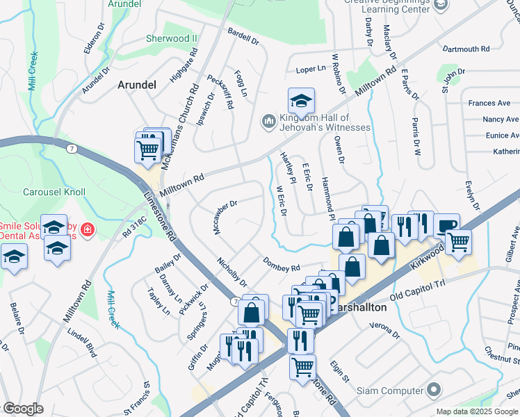 map of restaurants, bars, coffee shops, grocery stores, and more near 4509 Pickwick Drive in Wilmington