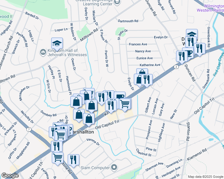 map of restaurants, bars, coffee shops, grocery stores, and more near 14 Deville Circle in Wilmington