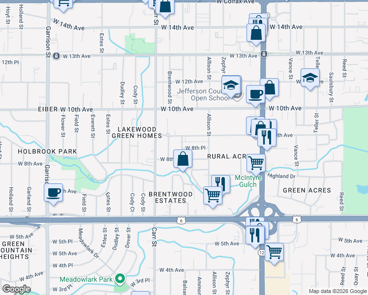 map of restaurants, bars, coffee shops, grocery stores, and more near 8197 West 8th Place in Lakewood