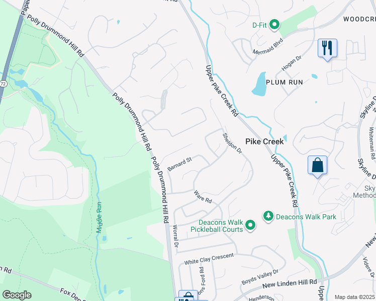 map of restaurants, bars, coffee shops, grocery stores, and more near 17 Old Stable Lane in Newark