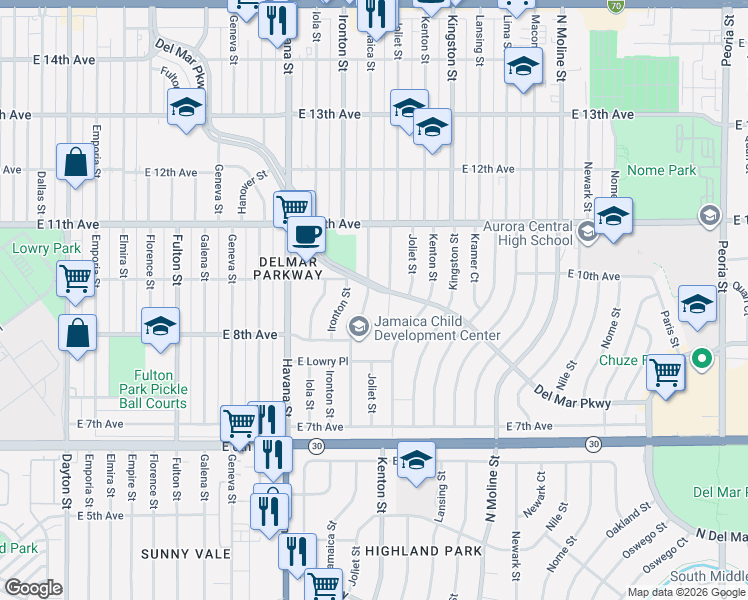 map of restaurants, bars, coffee shops, grocery stores, and more near 950 Jamaica Street in Aurora