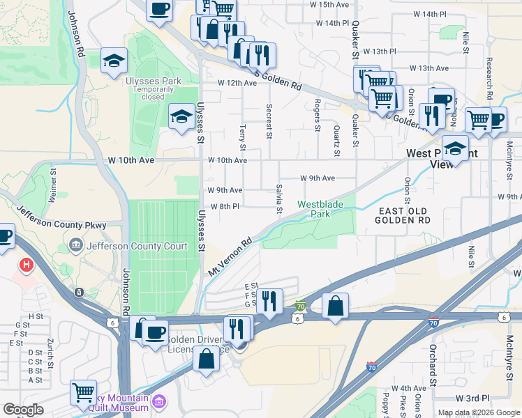 map of restaurants, bars, coffee shops, grocery stores, and more near 16896 West 8th Place in Golden