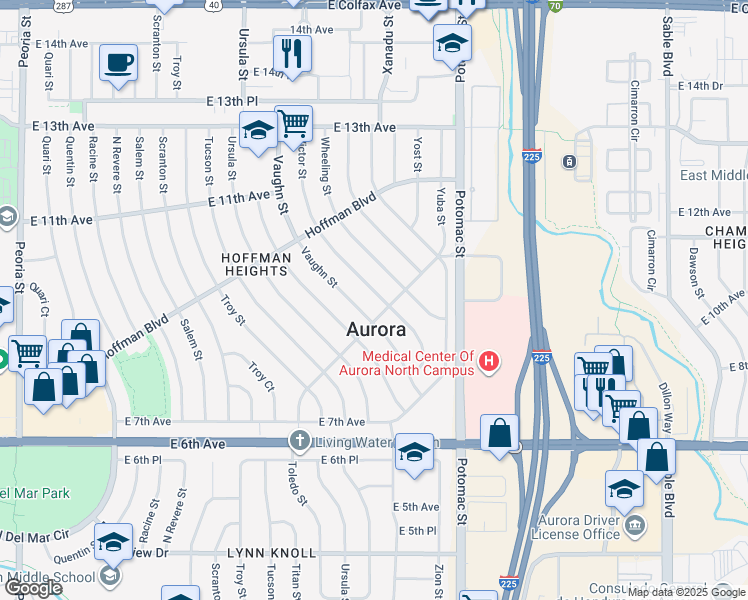 map of restaurants, bars, coffee shops, grocery stores, and more near 911 Victor Street in Aurora