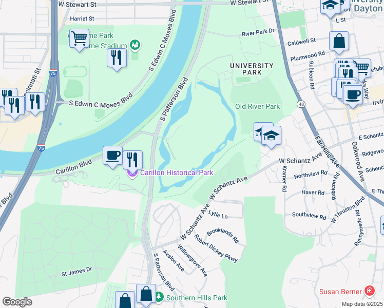 map of restaurants, bars, coffee shops, grocery stores, and more near 1700 South Patterson Boulevard in Dayton
