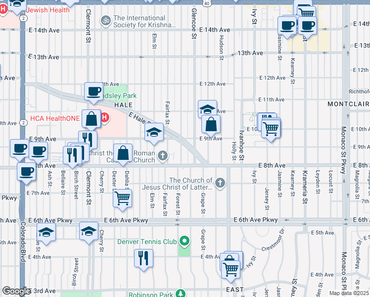 map of restaurants, bars, coffee shops, grocery stores, and more near 5210 Hale Parkway in Denver