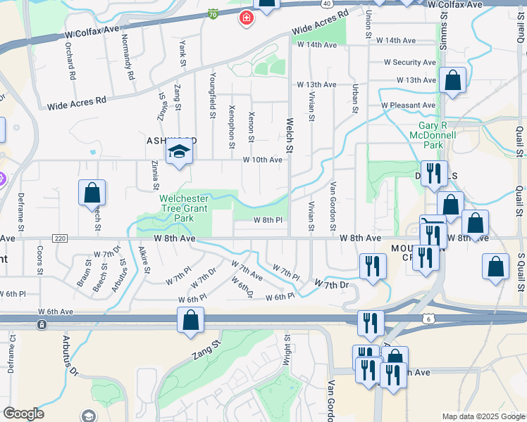 map of restaurants, bars, coffee shops, grocery stores, and more near 905 Welch Street in Golden