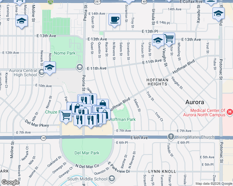 map of restaurants, bars, coffee shops, grocery stores, and more near 880 Racine Street in Aurora