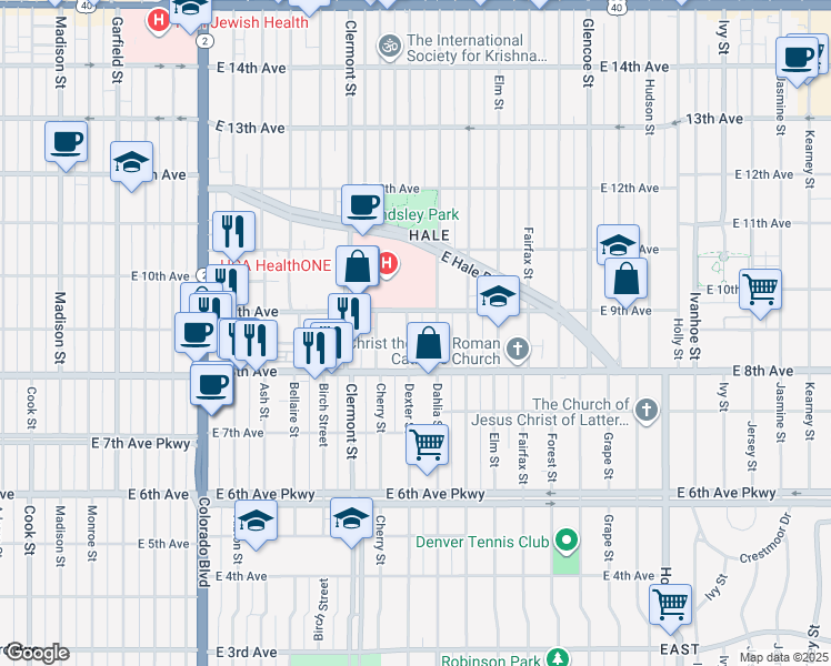 map of restaurants, bars, coffee shops, grocery stores, and more near 870 Dexter Street in Denver