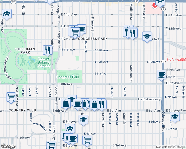 map of restaurants, bars, coffee shops, grocery stores, and more near 860 Detroit Street in Denver