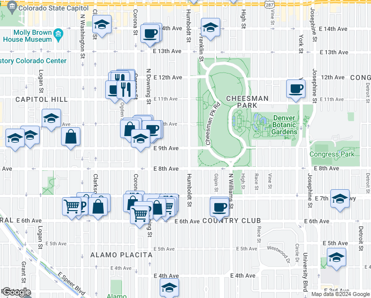 map of restaurants, bars, coffee shops, grocery stores, and more near 1415 East 9th Avenue in Denver