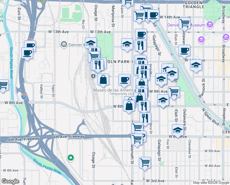 map of restaurants, bars, coffee shops, grocery stores, and more near 1203 West 9th Avenue in Denver
