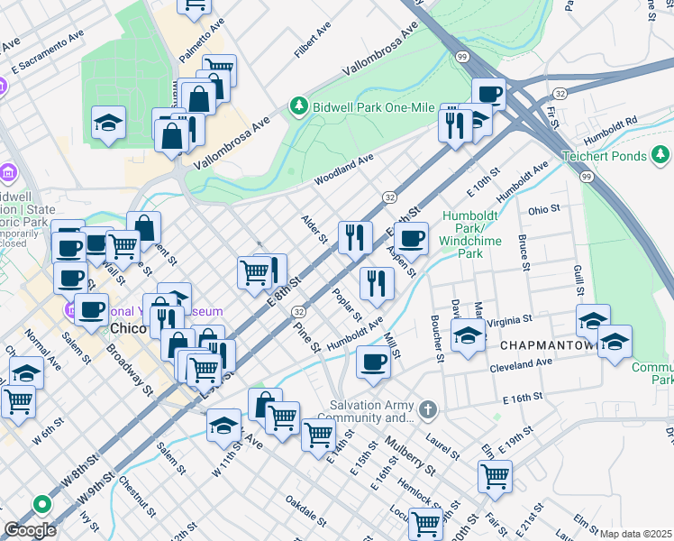 map of restaurants, bars, coffee shops, grocery stores, and more near 869 East 8th Street in Chico