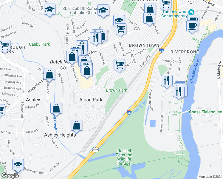 map of restaurants, bars, coffee shops, grocery stores, and more near 423 Homestead Road in Wilmington