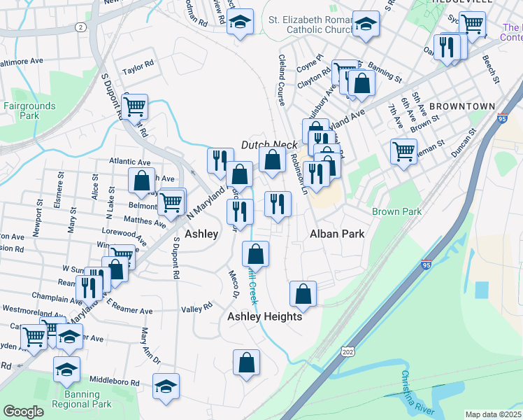 map of restaurants, bars, coffee shops, grocery stores, and more near 8 Germay Drive in Wilmington