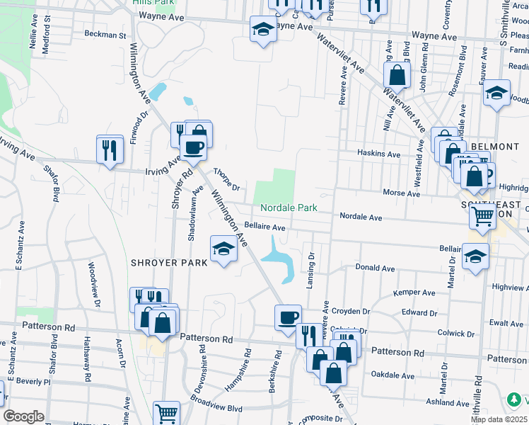 map of restaurants, bars, coffee shops, grocery stores, and more near 130 Nordale Avenue in Dayton