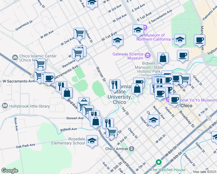 map of restaurants, bars, coffee shops, grocery stores, and more near 448 Warner Street in Chico