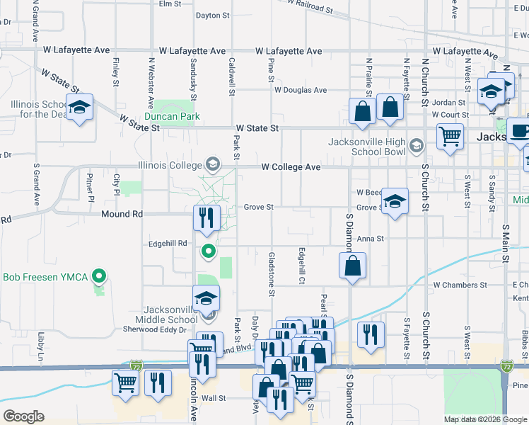 map of restaurants, bars, coffee shops, grocery stores, and more near 1025 Grove Street in Jacksonville