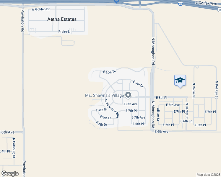 map of restaurants, bars, coffee shops, grocery stores, and more near 896 North Vandriver Way in Aurora
