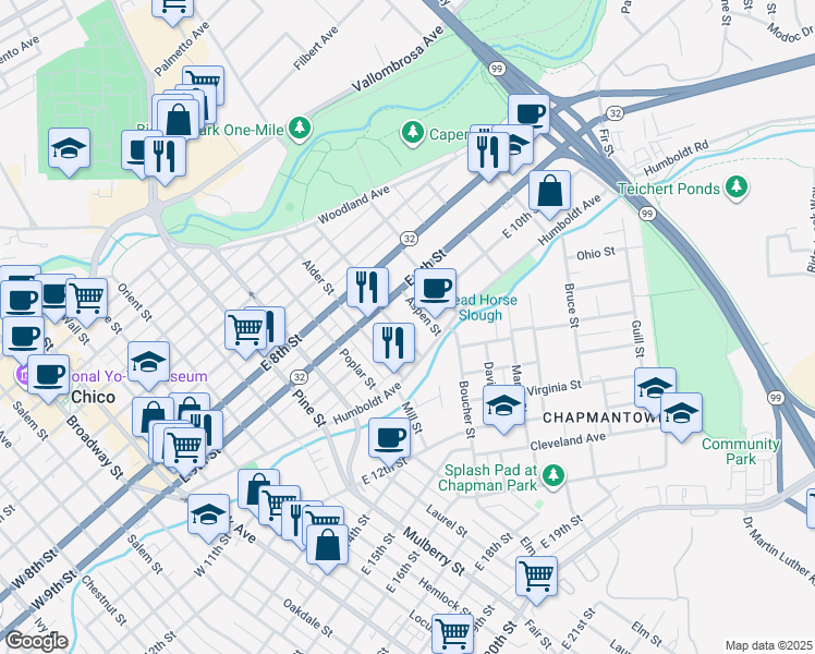 map of restaurants, bars, coffee shops, grocery stores, and more near 1001 Sycamore St in Chico