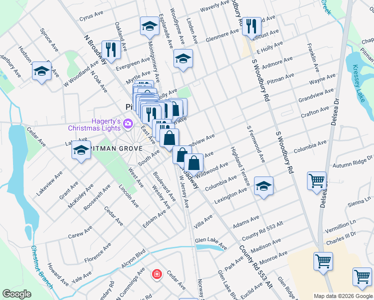 map of restaurants, bars, coffee shops, grocery stores, and more near 14 Grandview Avenue in Pitman