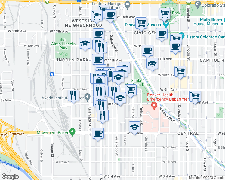 map of restaurants, bars, coffee shops, grocery stores, and more near 718 West 9th Avenue in Denver