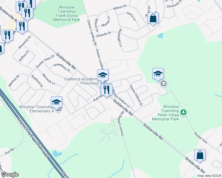 map of restaurants, bars, coffee shops, grocery stores, and more near 8 Sleepy Hollow Lane in Sicklerville