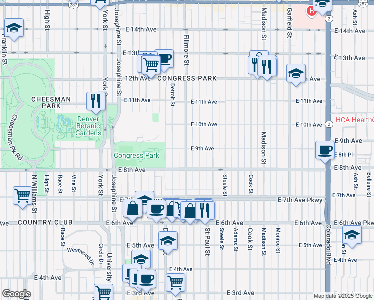 map of restaurants, bars, coffee shops, grocery stores, and more near 860 Detroit Street in Denver