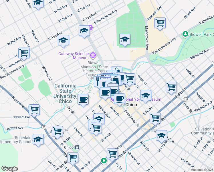 map of restaurants, bars, coffee shops, grocery stores, and more near 200 West 1st Street in Chico