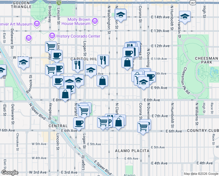 map of restaurants, bars, coffee shops, grocery stores, and more near East 9th Avenue & Washington Street in Denver
