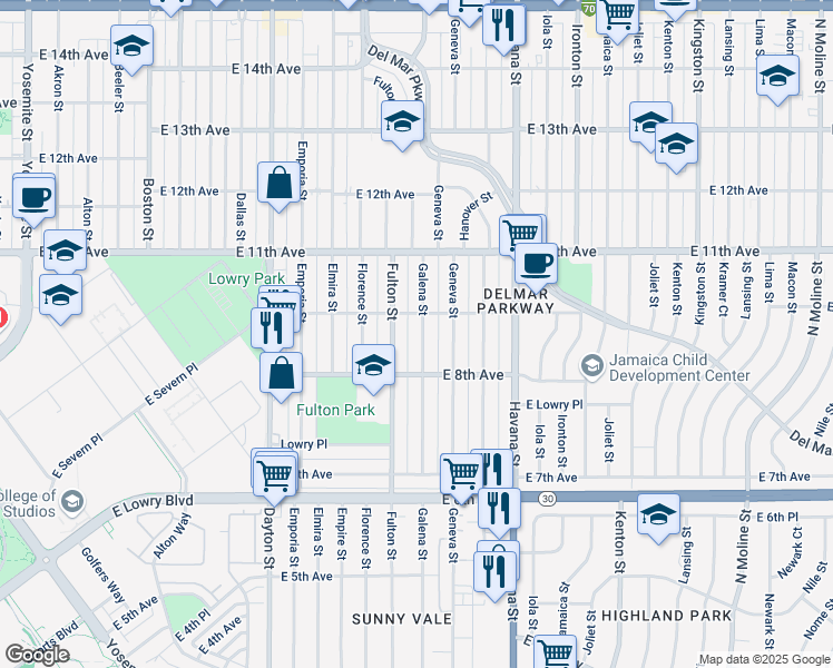 map of restaurants, bars, coffee shops, grocery stores, and more near 909 Galena Street in Aurora