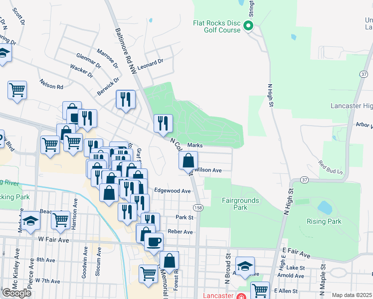 map of restaurants, bars, coffee shops, grocery stores, and more near 199 Marks Avenue in Lancaster