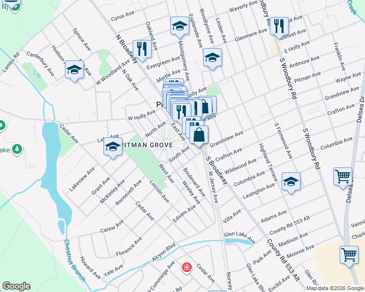 map of restaurants, bars, coffee shops, grocery stores, and more near 118 Southeast Avenue in Pitman
