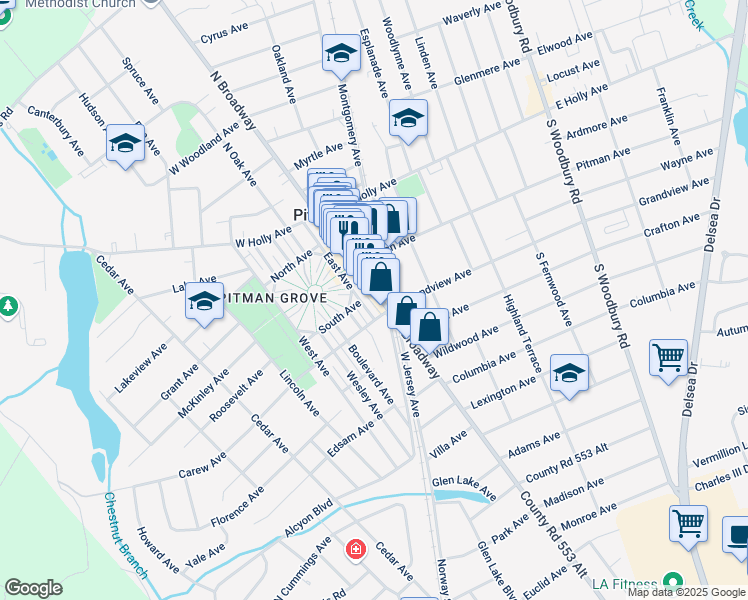 map of restaurants, bars, coffee shops, grocery stores, and more near 148 South Broadway in Pitman