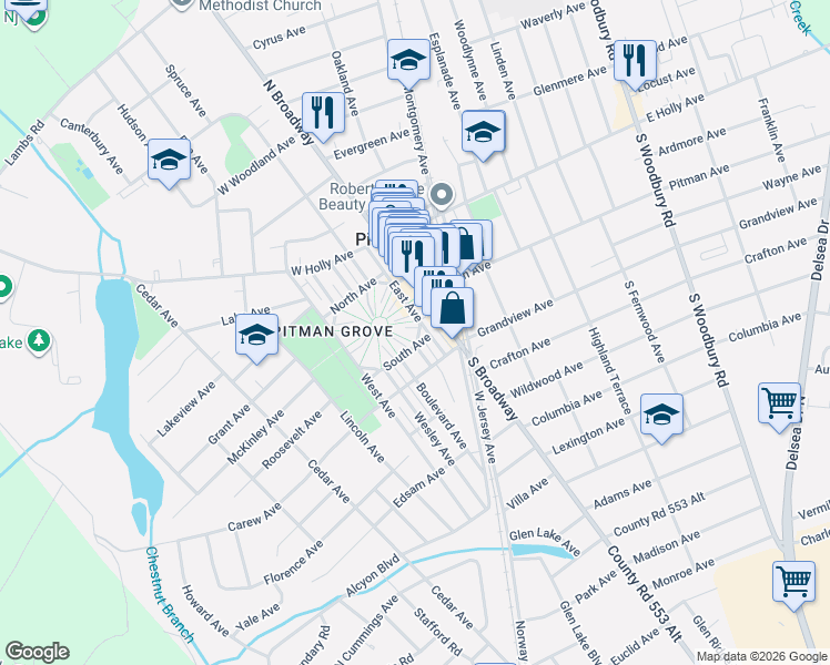 map of restaurants, bars, coffee shops, grocery stores, and more near 118 Southeast Avenue in Pitman