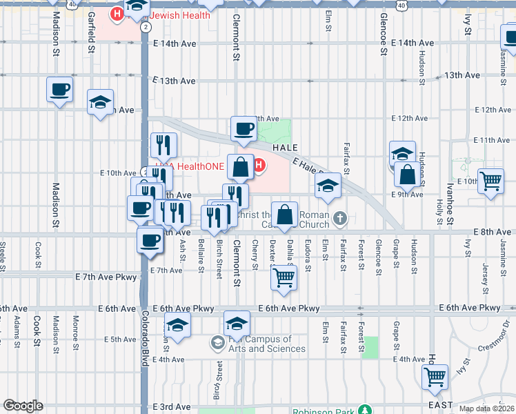 map of restaurants, bars, coffee shops, grocery stores, and more near 870 Cherry Street in Denver