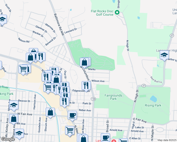 map of restaurants, bars, coffee shops, grocery stores, and more near 199 Marks in Lancaster