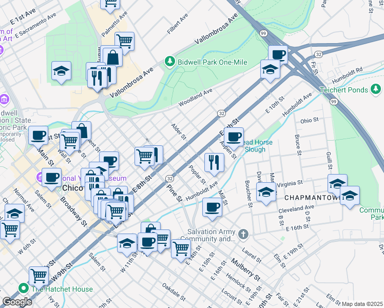 map of restaurants, bars, coffee shops, grocery stores, and more near 890 East 9th Street in Chico