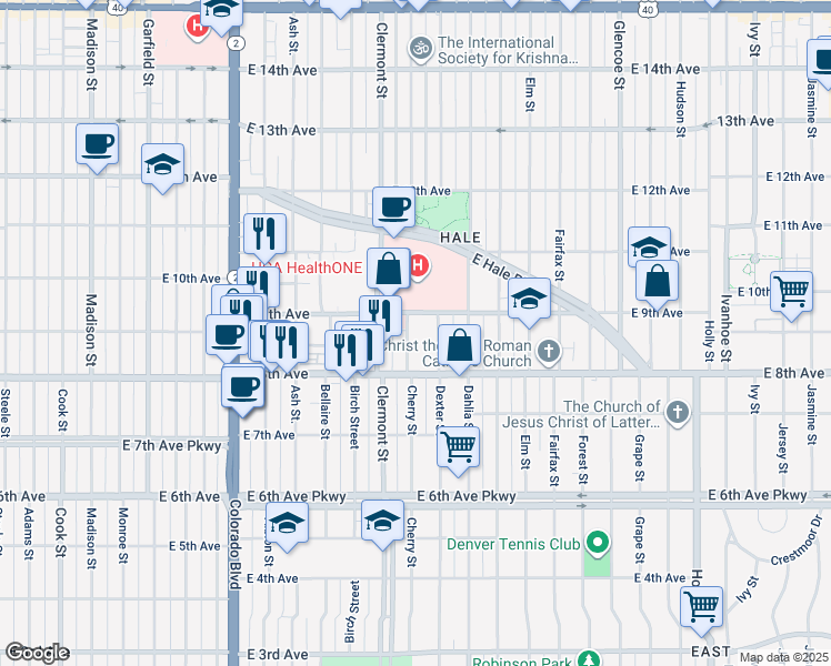 map of restaurants, bars, coffee shops, grocery stores, and more near 870 Cherry Street in Denver