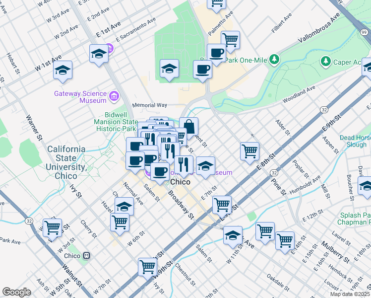 map of restaurants, bars, coffee shops, grocery stores, and more near 318 Flume Street in Chico