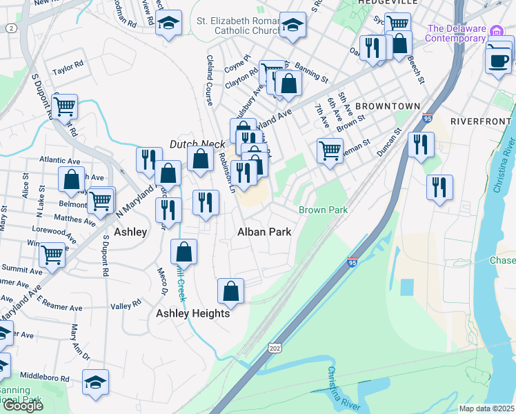 map of restaurants, bars, coffee shops, grocery stores, and more near 1615 Bonwood Road in Wilmington