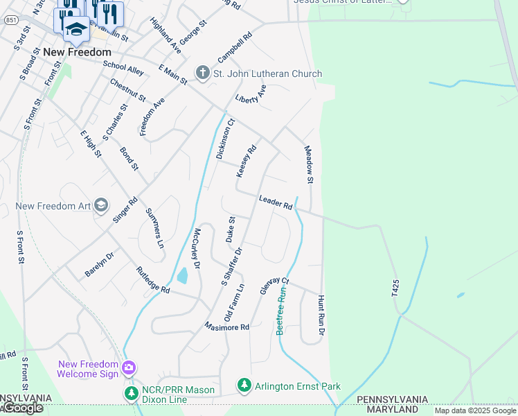 map of restaurants, bars, coffee shops, grocery stores, and more near 103 South Shaffer Drive in New Freedom