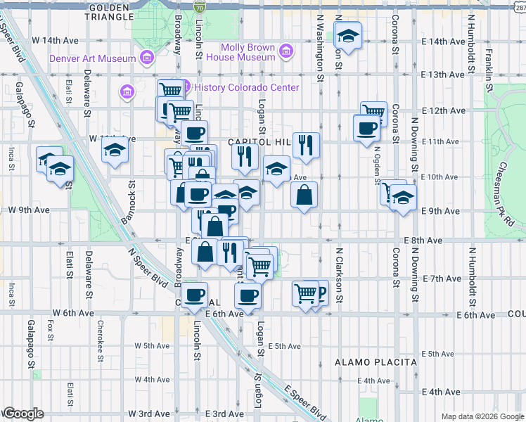 map of restaurants, bars, coffee shops, grocery stores, and more near Logan Street & East 9th Avenue in Denver