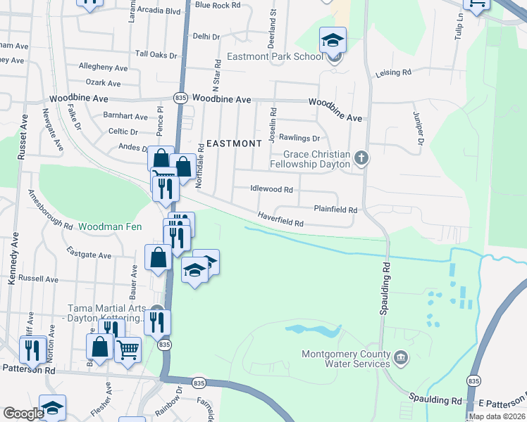 map of restaurants, bars, coffee shops, grocery stores, and more near 5307 Haverfield Road in Dayton